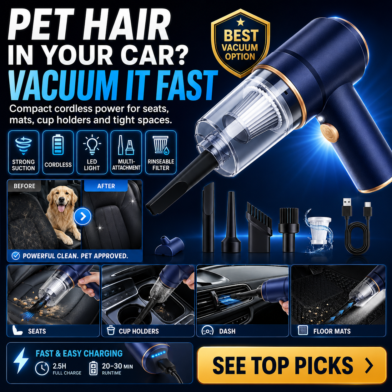 KMM handheld car vacuum for pet hair and crumbs